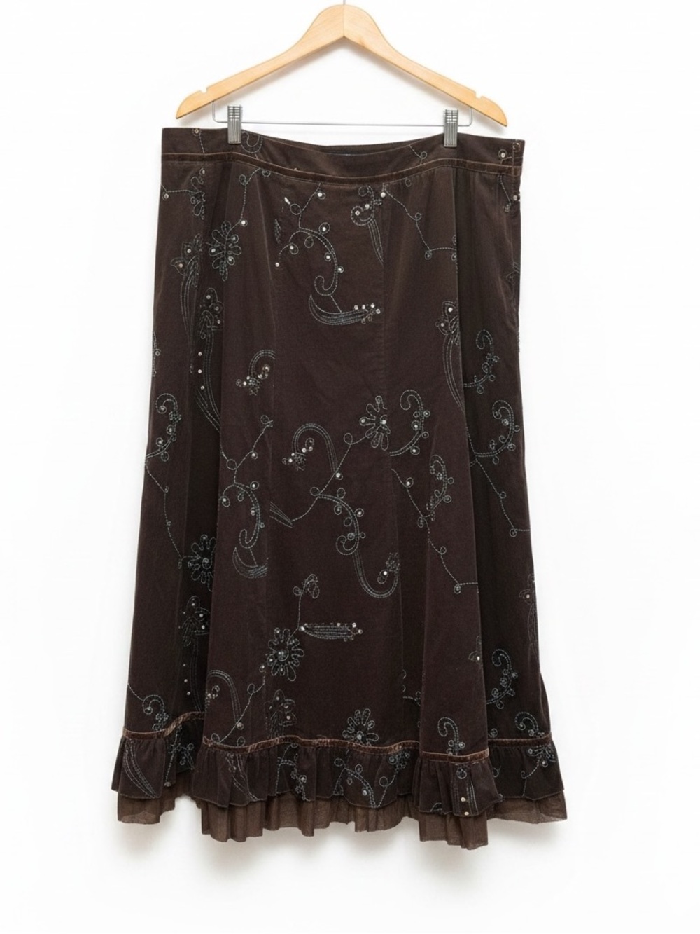 Tribal Brown Corduroy Embroidery Sequin Ruffle Hem Maxi Skirt Plus Size 16